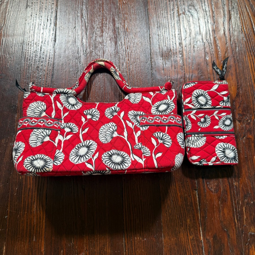 Vera Bradley Handbag and Wallet Set Purse Red Night Owl Floral Quilted